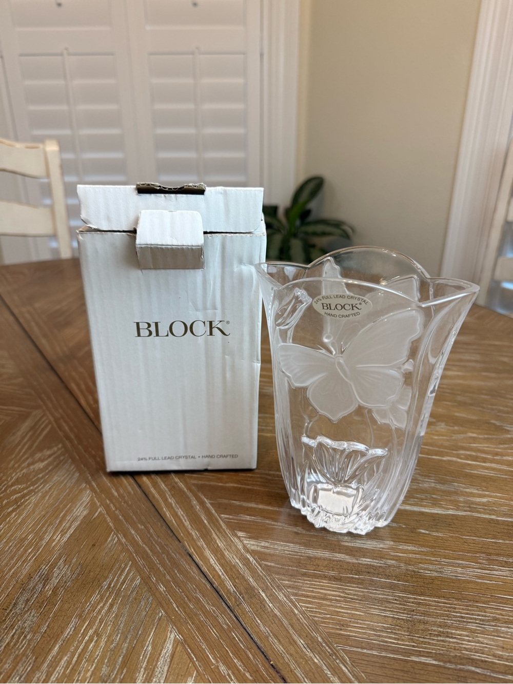 Poland Block Meadows 24% Lead Crystal  7" Clear Vase Frosted Butterfly & Floral